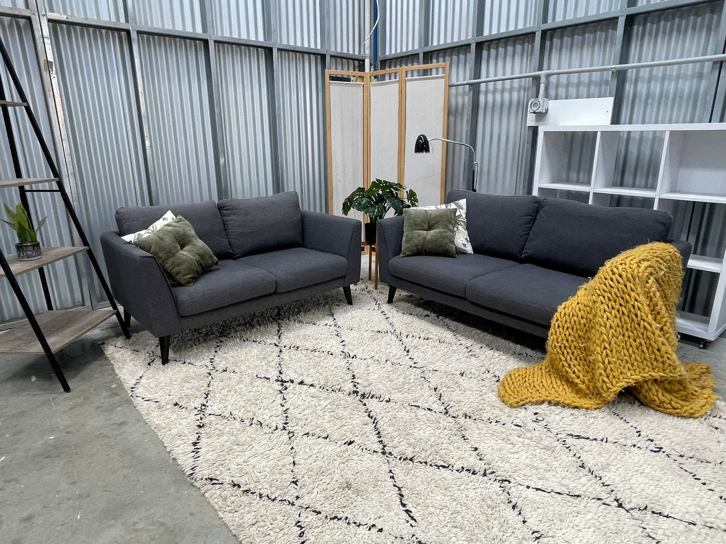 Excellent Condition - FREEDOM FURNITURE BRANDED - Charcoal Gray Colour Woven Texture - 2.5 + 2 Seater Lounge Suite