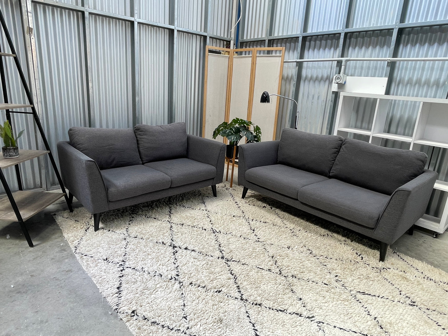 Excellent Condition - FREEDOM FURNITURE BRANDED - Charcoal Gray Colour Woven Texture - 2.5 + 2 Seater Lounge Suite