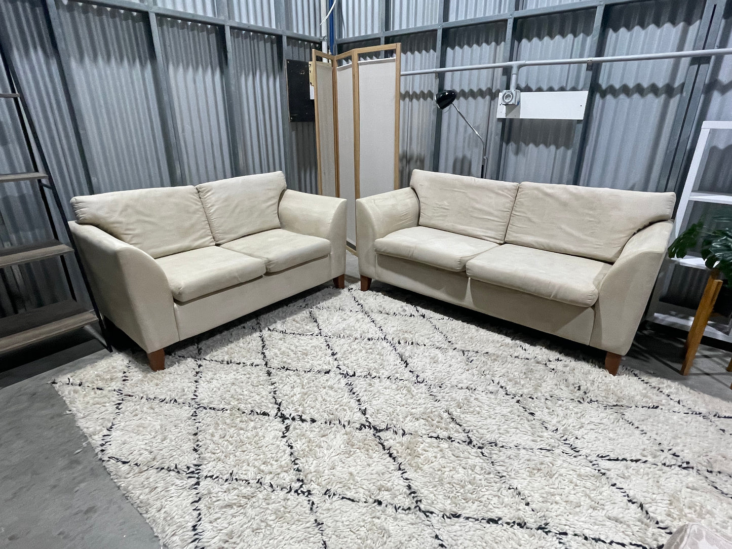 Excellent Condition - NZ MADE - Cream Colour Suede Look - 2 + 3 Seater Lounge Suite