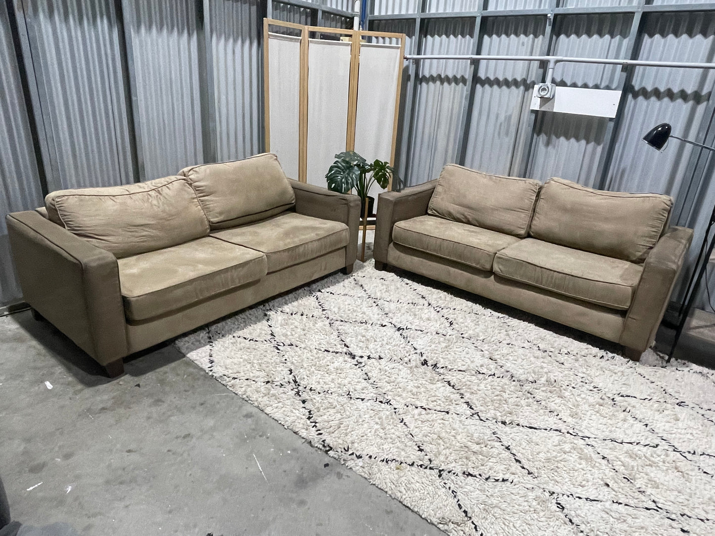 Excellent Condition - Woodland Brown Colour Suedelook - HARVEY NORMAN BRANDED - 3 + 3 Seater Lounge Suite