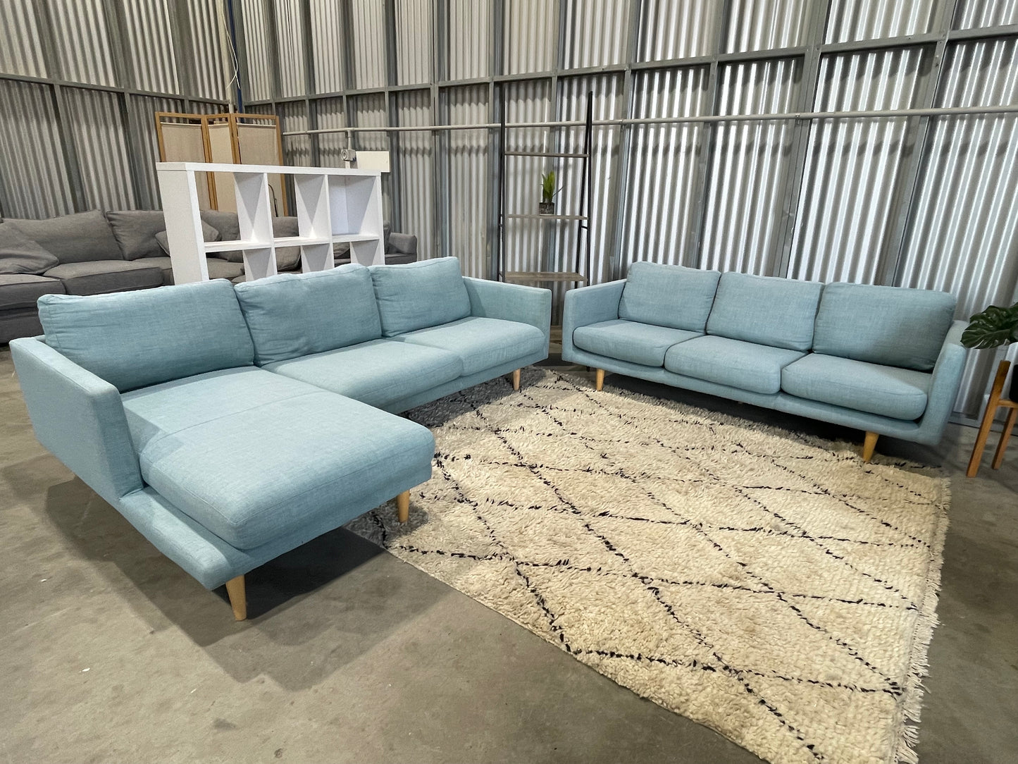 Great Condition - FREEDOM BRANDED - Sky Blue Colour - 3.5 Seater L Shape + 3 Seater Lounge Suite