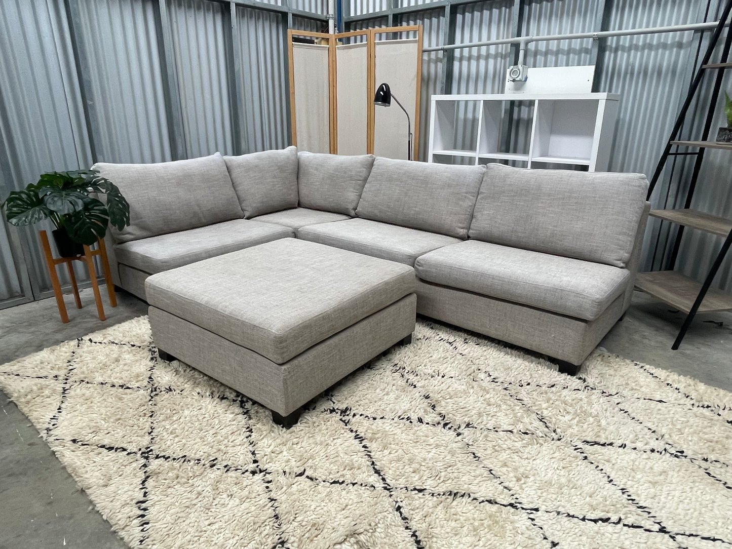 Excellent Condition - NZ Made - Stone Sandstone Colour - 5 Seater Modular Corner Lounge Suite + Ottoman