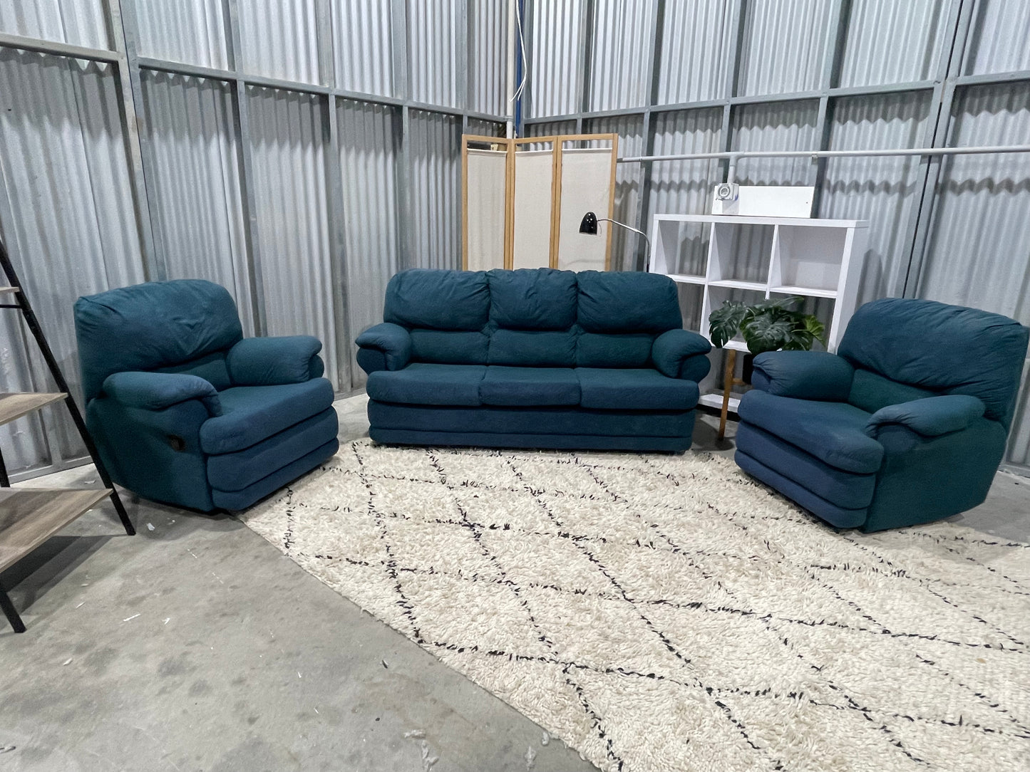 Great Condition - Velvet Green Colour - JOHN YOUNG BRANDED - 3 + 1 + 1 Seater Recliner Lounge Suite