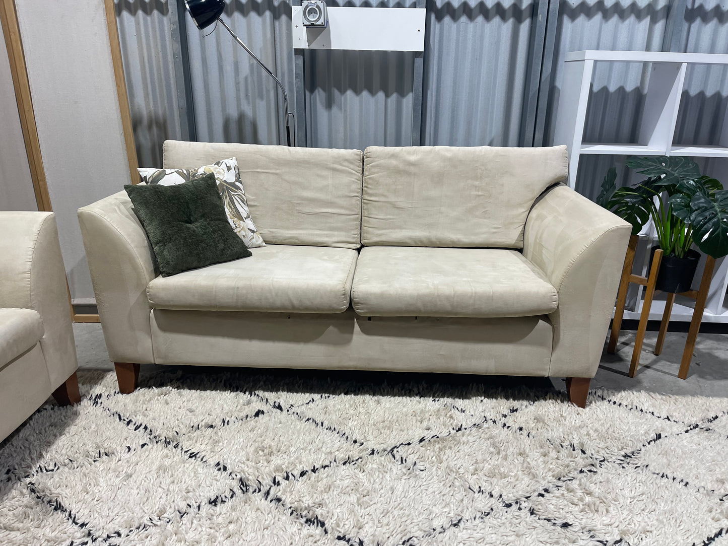 Excellent Condition - NZ MADE - Cream Colour Suede Look - 2 + 3 Seater Lounge Suite