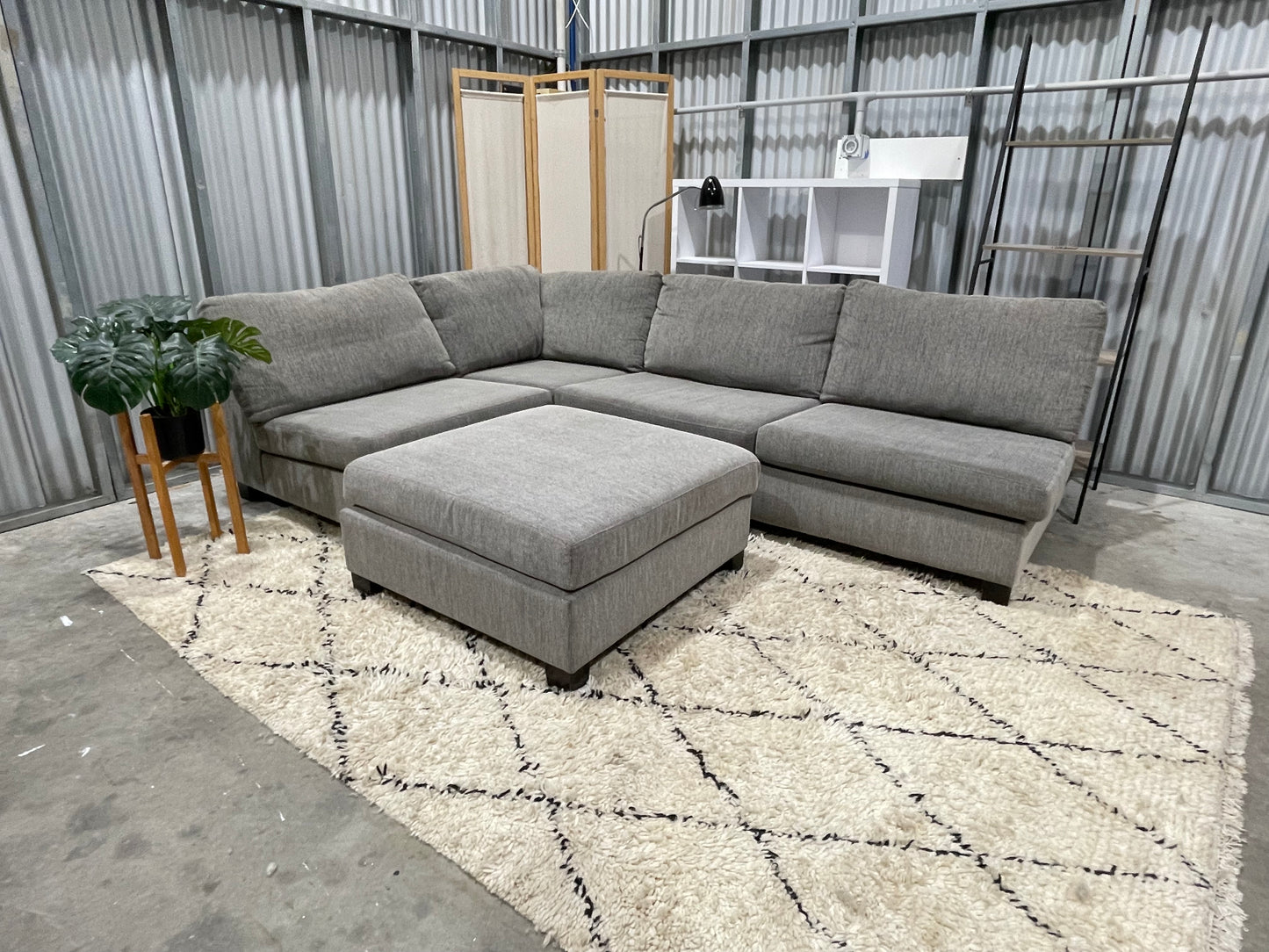 Excellent Condition - NZ Made - Stone Gray Colour - 5 Seater Modular Corner Lounge Suite + Ottoman